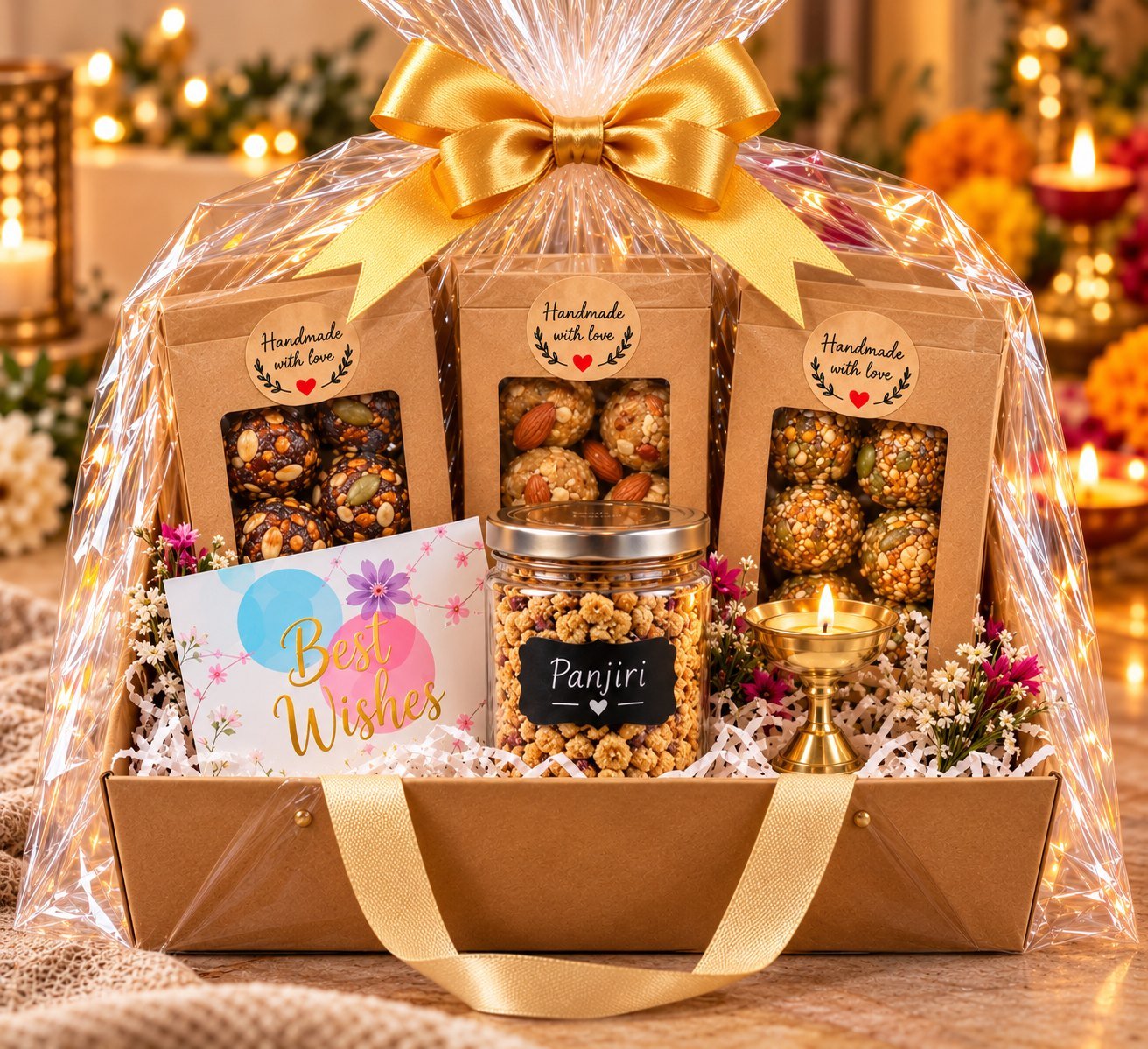 A Nikki's Kitchen gift hamper wrapped in clear cellophane with a gold satin bow: three kraft bags of homemade laddoos labelled Handmade with love, a jar of panjiri, a Best Wishes card, a lit brass candle holder and small flowers in a kraft gift box with ribbon handles.